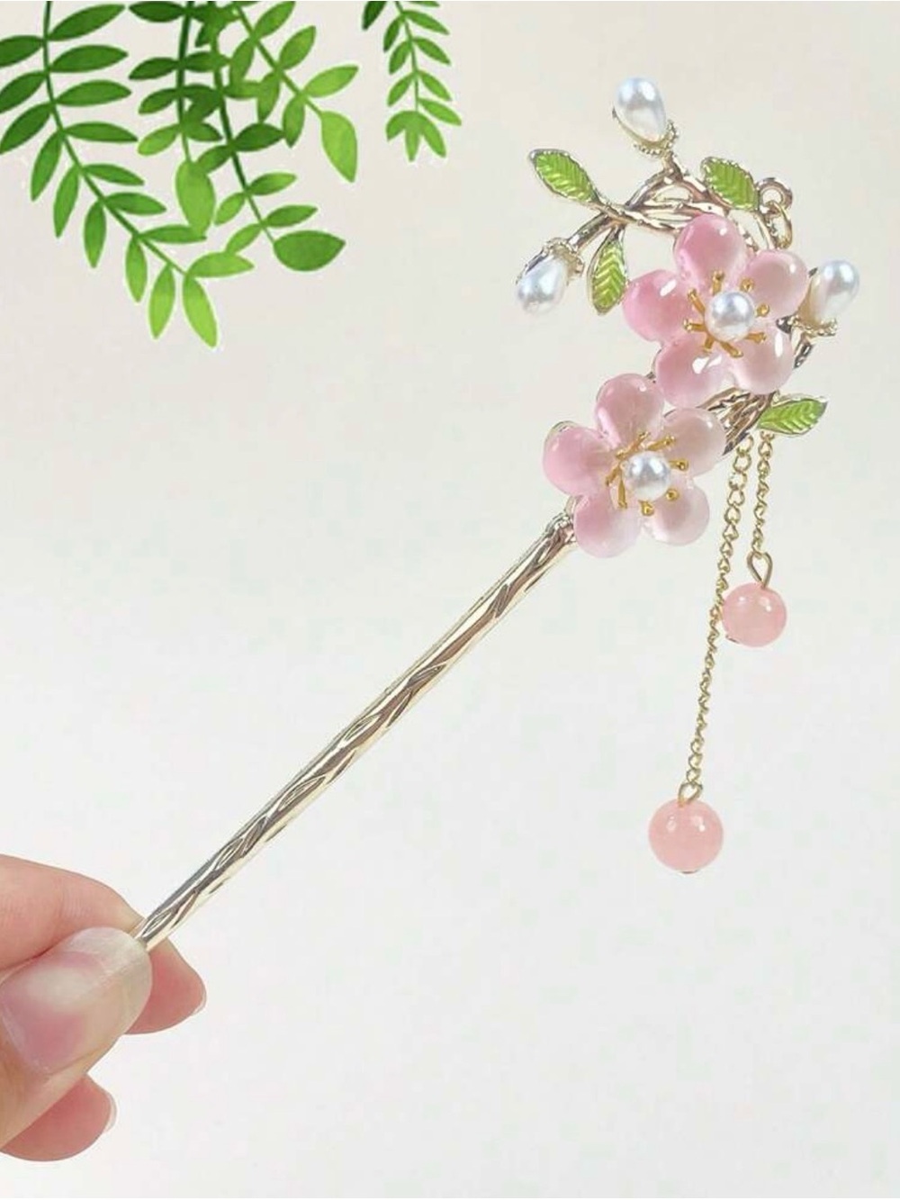 Delicate Pink Floral Hair Stick with Pearl Accents